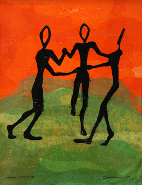 Abstract, colorful illustration of a three people holding hands in a circle